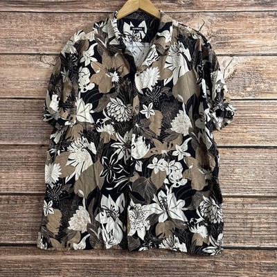Express Men's XL Short Sleeve Button Down Shirt Black Tan Floral Print Casual