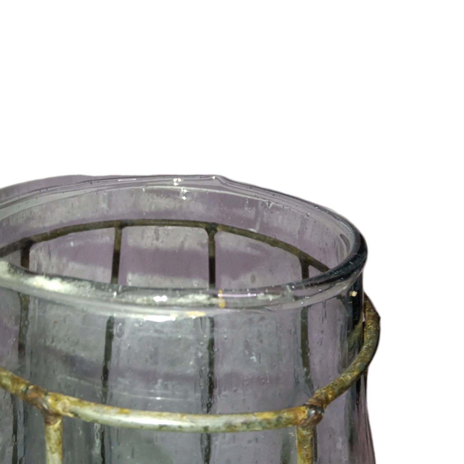 Antique Caged Glass Vase with a Wrought Iron Base.  Hand Blown Candle Holder