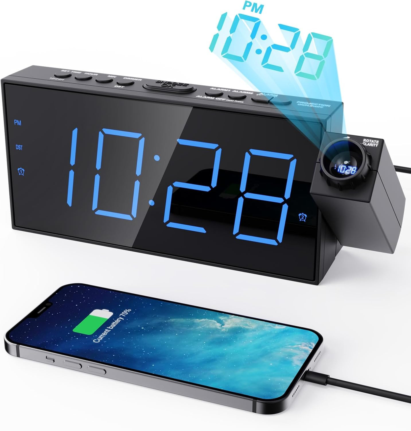 Projection Alarm Clock for Bedroom, LED Digital on Ceiling Wall with USB Phone C
