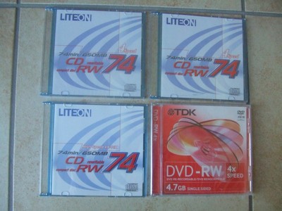 3x Liteon CD-RW 650 MB 74 min rewritable + 1x TDK DVD-RW 4.7 GB re recordable