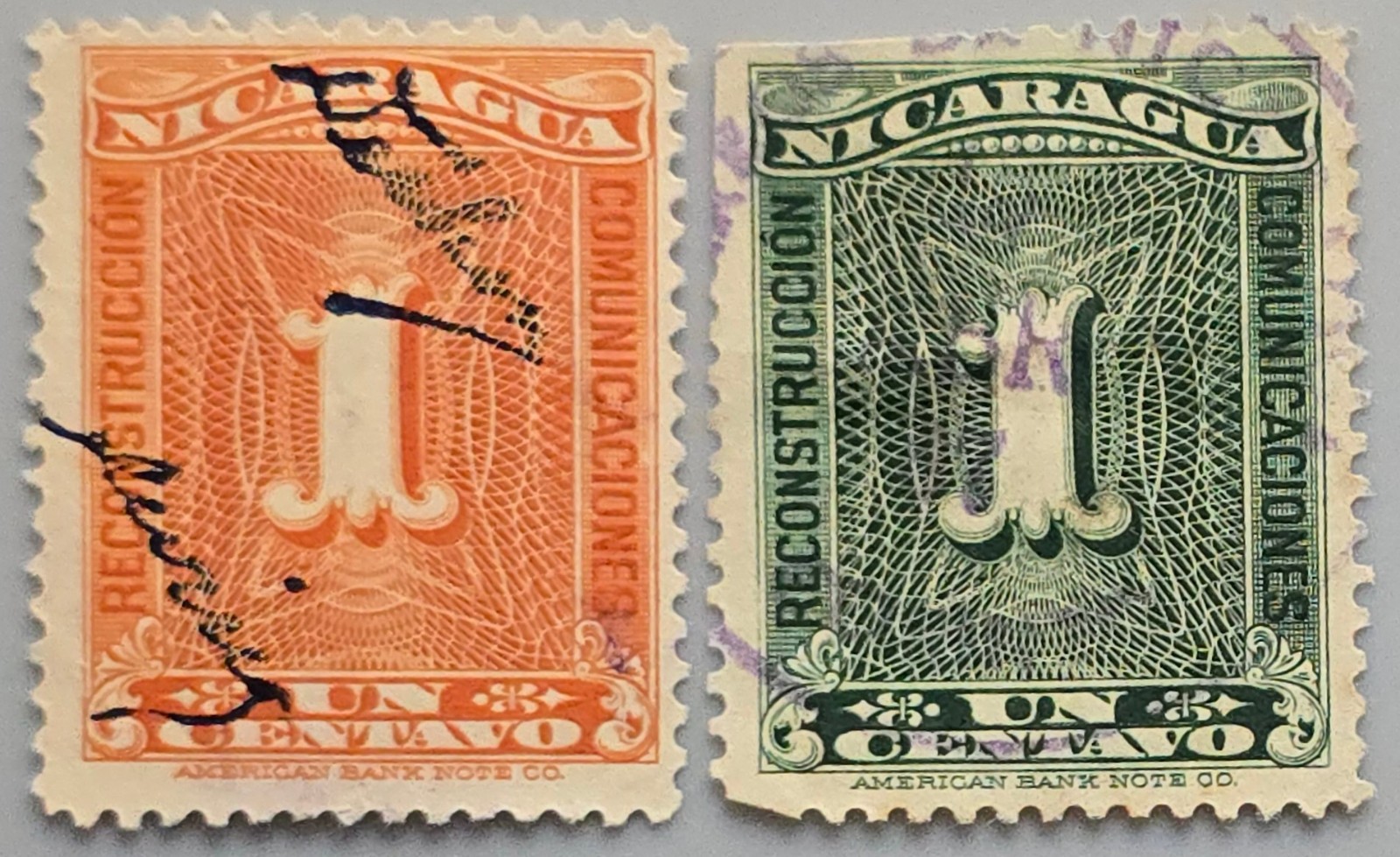 Nicaragua 1927 1 Centavo Reconstruccion Comunicaciones Used Pair Orange Green