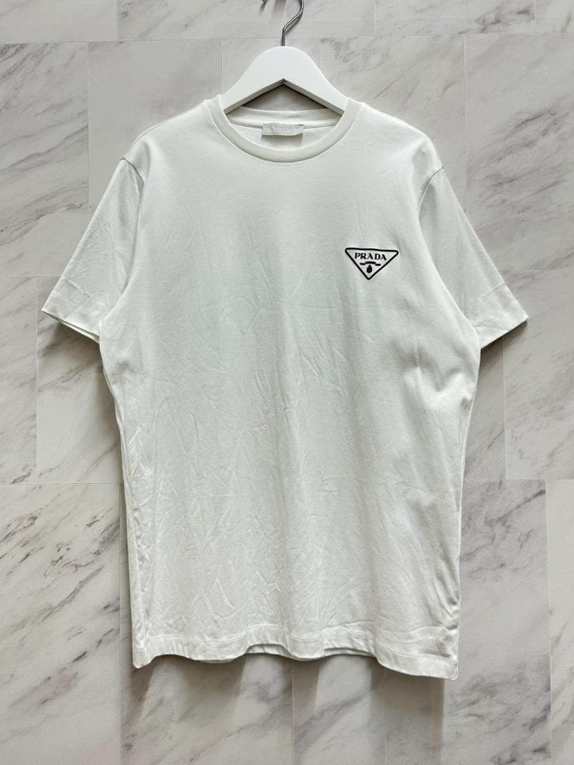 Prada Triangle Logo Print Short Sleeve T-Shirt White Good M Size