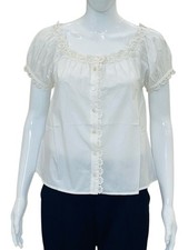 Doen Women's Eyelet Floral Laced Pleated Short Sleeves Shirt Blouse Tunic Top S