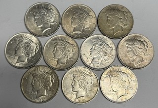 Half Roll of 10 1923 P (AU to Circ) Peace Silver Dollars U.S. Coins $1 Lot Set