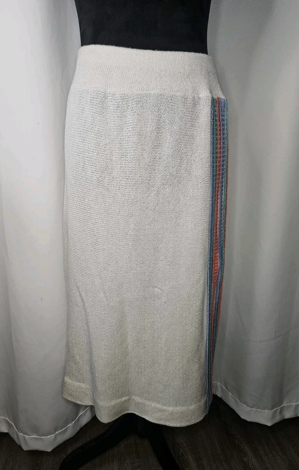 Saia suéter vintage anos 80 listrada arco-íris lápis de malha com elástico pequeno midi - Imagem 3 de 4