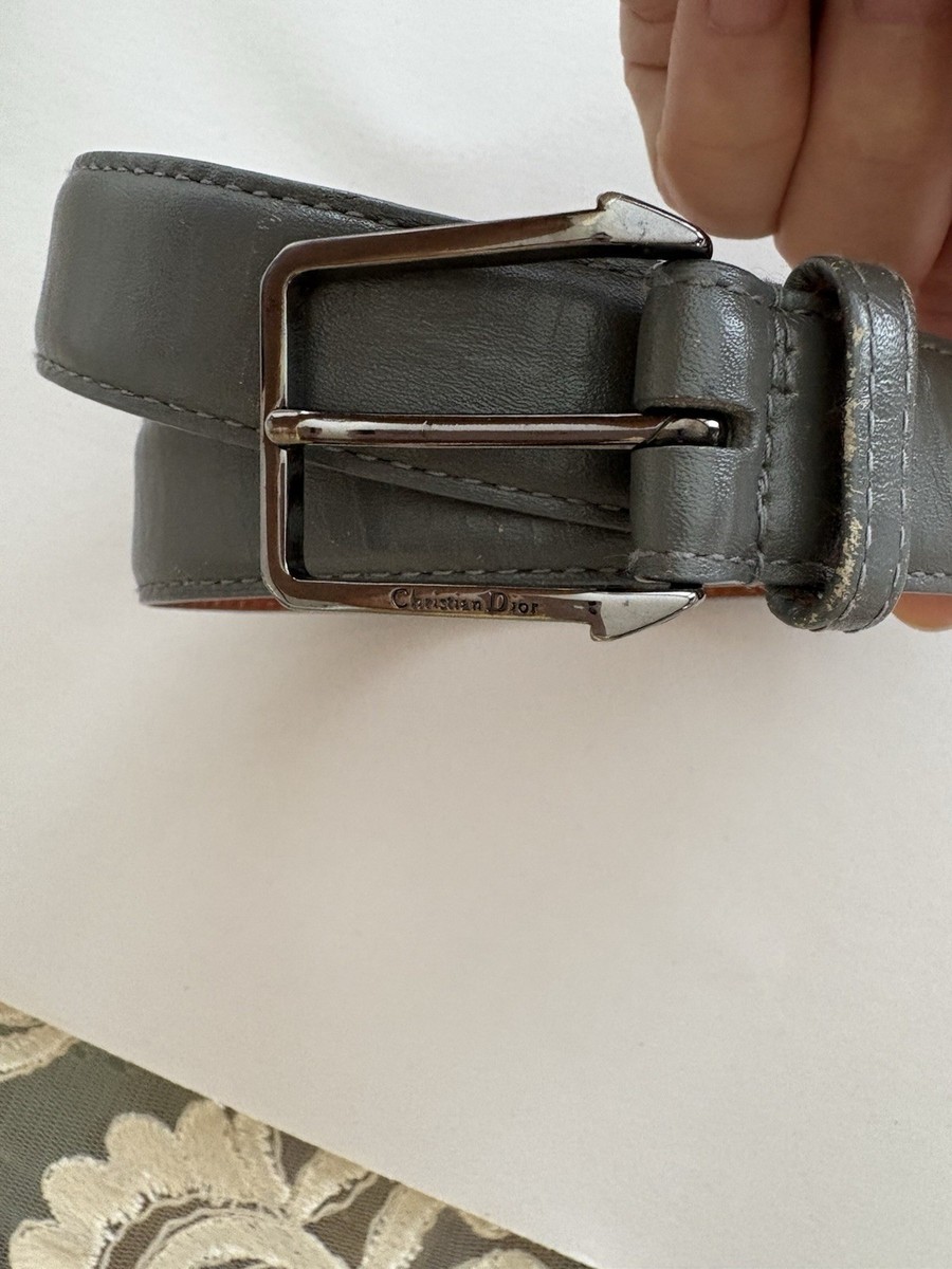Vtg Christian Dior grey Genuine Leather Belt silver Tone Logo
