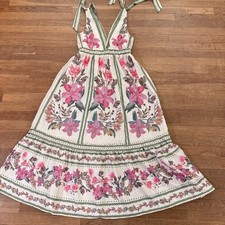 SHEIN cream green pink floral flower a-line midi dress size medium M  b54
