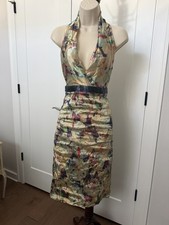 NICOLE MILLER Gold Label Y2K Vintage Halter Dress Fitted Watercolor Crinkled 6 S
