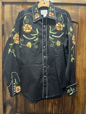 Rockmount Ranch Wear Shirt Mens Large Black Western Floral Smiley Pearl Snap