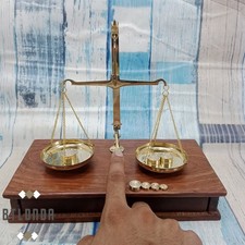 Vintage Brass Balance Scale with Wooden Case & Weights Antique Collectible Decor