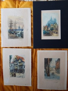 Gravure Eau-forte Lot De 4 Eau-forte Couleurs Bretagne Normandie Mont St Michel 