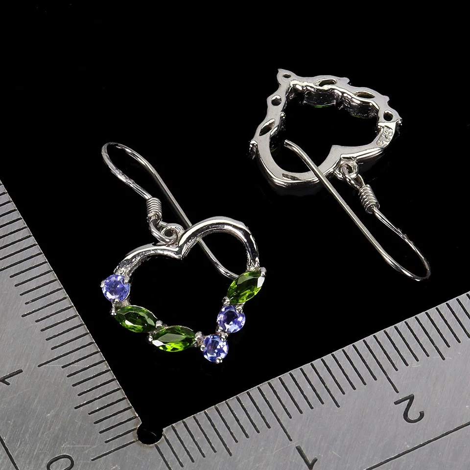 Pendientes de plata de ley 925 marquesa cromo diopsido tanzanita corazón piedras preciosas Foto 3 de 4