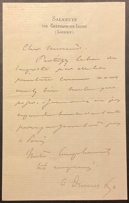 DUMAS ALEXANDRE FILS 1 PAGE AUTOGRAPH LETTER ON SALNEUVE LETTERHEAD...