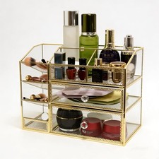 Glass Makeup Organizer with Drawers, Tempered Glass Vanity Organizer with Gold