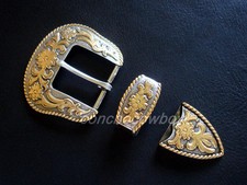 WESTERN COWBOY GOLD FLORAL ENGRAVED ROPE EDGE BELT BUCKLE SET FITS 1-1/2" BELT