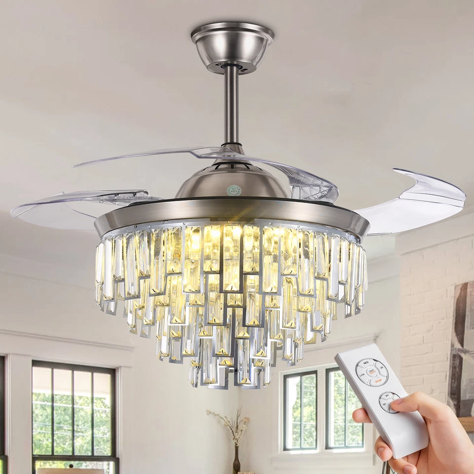 42" Chrome Crystal Chandelier Remote Retractable Ceiling Fan LED 3 Color 3 Speed - Image 3 of 4