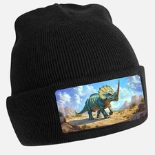 Unisex Cotton Triceratops Print Black Beanie Hat