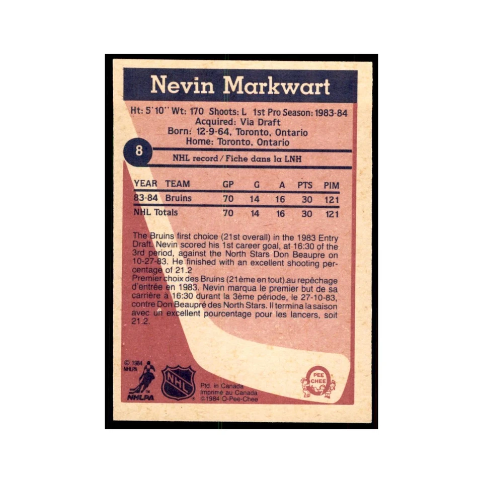 1984 O-Pee-Chee Nevin Markwart RC Boston Bruins #8 - Image 2 of 3