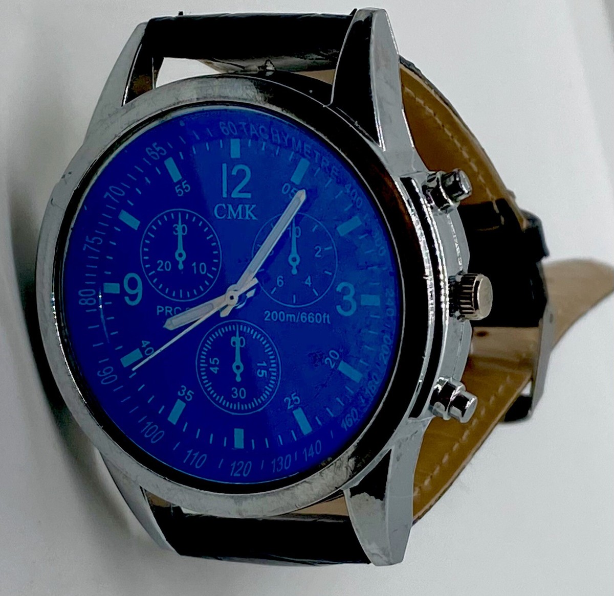 NEW CMK Mens Watch Fresh Battery Blue Silver Dial Faux Chronograph