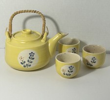 Vintage MCM Pottery Tea Pot Yellow Studio Pottery Bamboo Handle