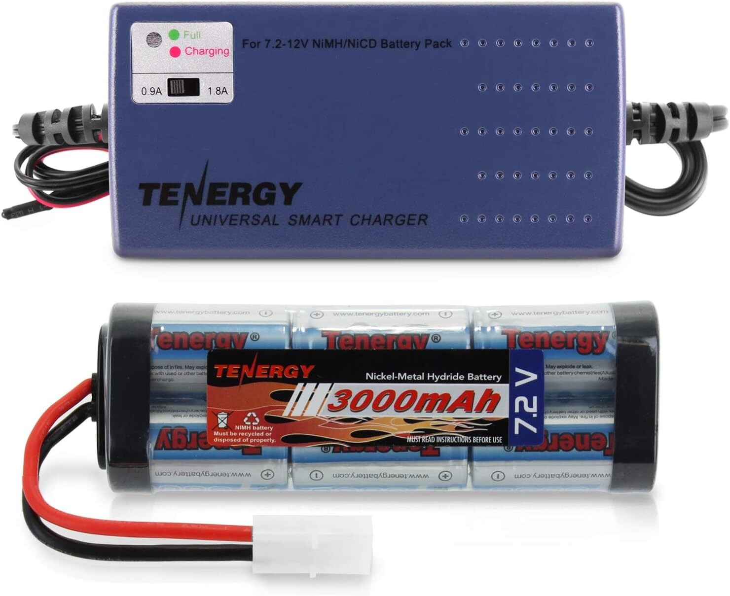 Tenergy 7.2V 3000mAh NiMH RC Car Battery w/ Tamiya+ 7.2V-12V Smart Charger