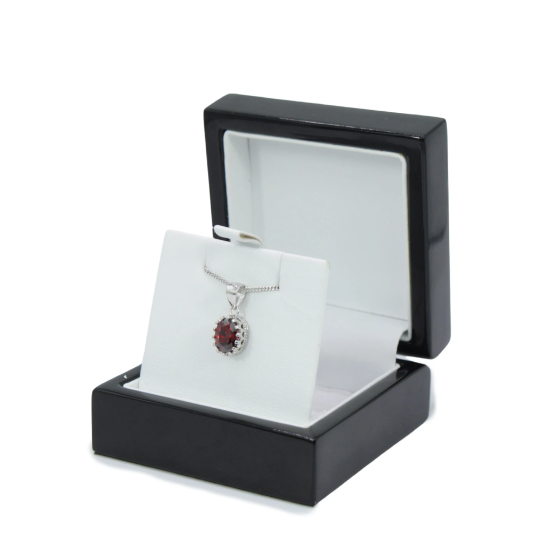WHITE GOLD FINISH Red Ruby Oval Cut Pendant Necklace