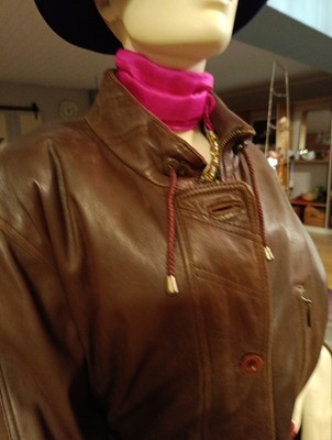 Brauner Vintage Damen Leder Mantel 44 XL Taschen Tunnelzug