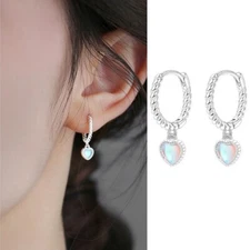 925 Silver Plated Dangle Moonstone Heart Huggie Hoop Earrings Women Girl K35A