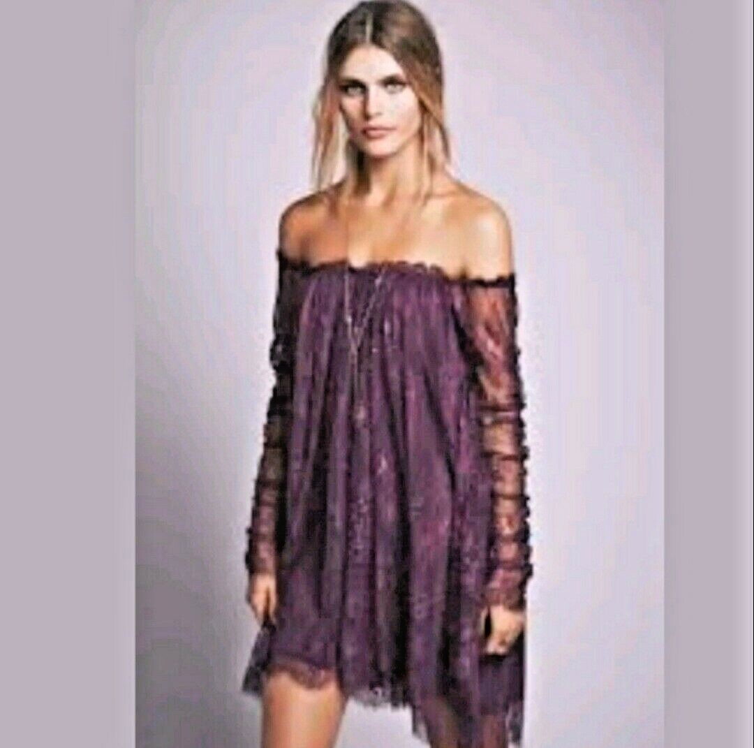 Free People Womens Size Small Plum Eyelash Angel Lace Trapeze Mini Boho  Dress