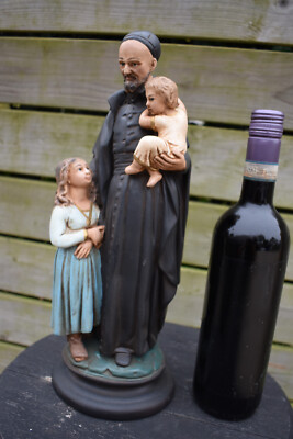 Antique french chalk statue of Saint Vincentius with children religious