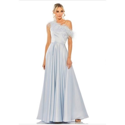 Mac Duggal Blue Asymmetrical Neckline Feather Prom Dress Size 6 Style 11684 NEW