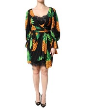 Dolce & Gabbana Black Silk Pineapple Draped Print Wrap Women's Dress