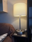 Silver Metal Table Lamp w/ White Fabric Drum Shade, Corded Wall Switch — photo 2
