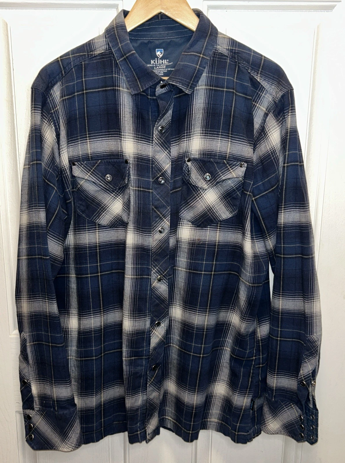 Kuhl Flannel Shirt Men's Blue/Gray Button Up Long Sleeve Outdoor Western Large