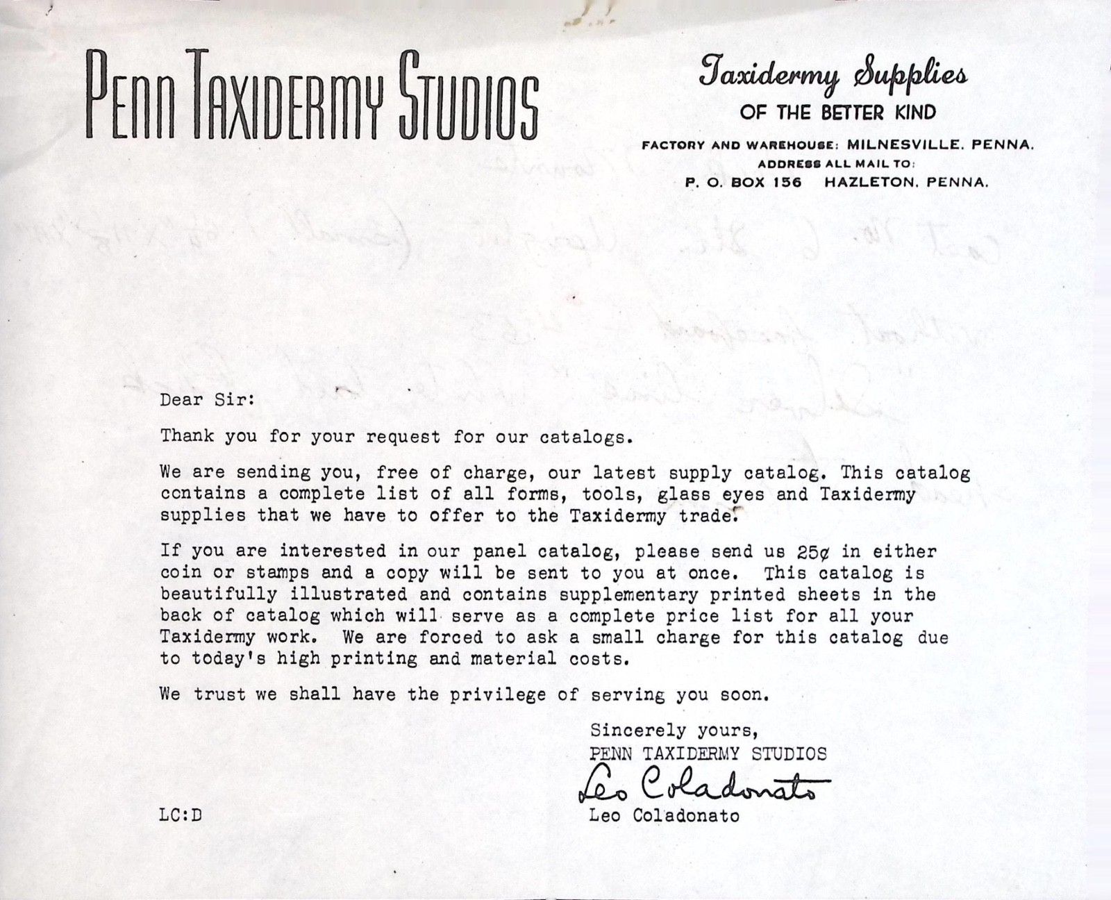 Penn Taxidermy Studios Letterhead Hazleton PA Vintage Supply Catalog Request