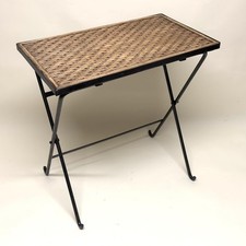 Ancien - Table Pliante en Fer Forgé - Plateau Rotin - Vintage Campagne Bohème