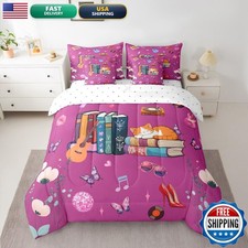 Jejeloiu Cat Comforter Set 7 Pieces Full Size Girls Music Singer Bedding Set
