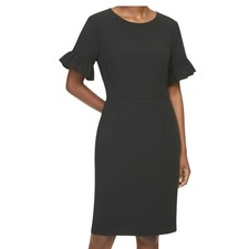 Calvin Klein Ruffle Sleeve Sheath Dress Women's Size 10 Black Gold Zip Back