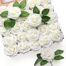 Artificial Flowers 25/50pcs Real Looking Ivory Foam Fake Roses with Stem for DIY