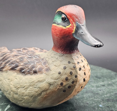 Vtg Resin Green Winged Teal Duck Figurine Hand Painted 3.5''
