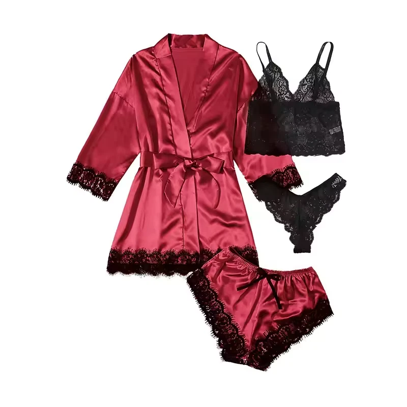 4 Pieces Woman Sleepwear Pajamas Set with Robe Sexy Lace Lingerie Bathrobe Silk