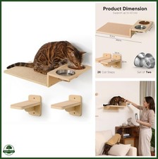 Cat Wall Shelves 3-in-1 Set Feeding Station with Steps Natural Wood Color