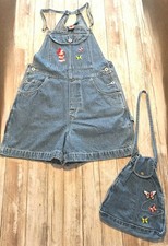 VTG Disney Mickey Denim Shorts Bib Overalls Embroidery Sz M Womens w/Handbag