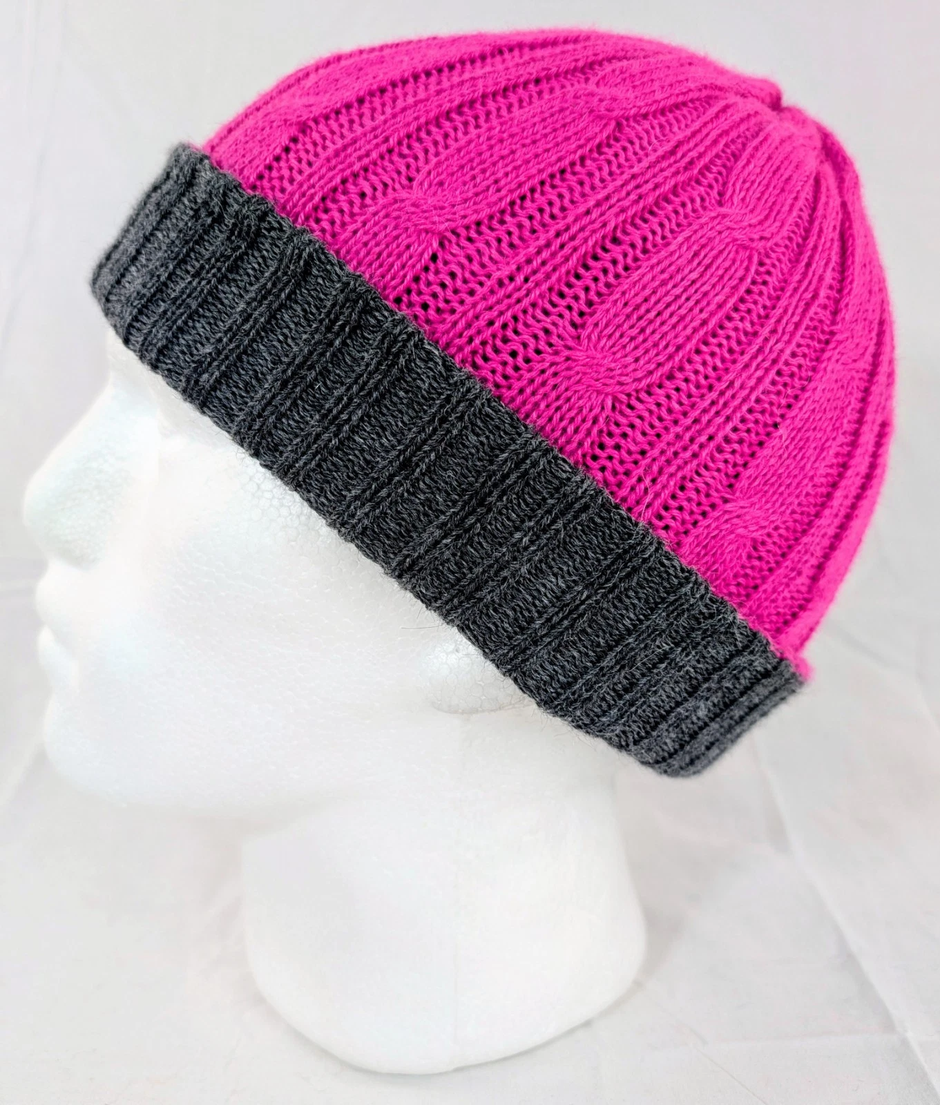Extra Soft Baby Alpaca Reversible Cable Knit Beanie Pink Gray Handmade Unisex