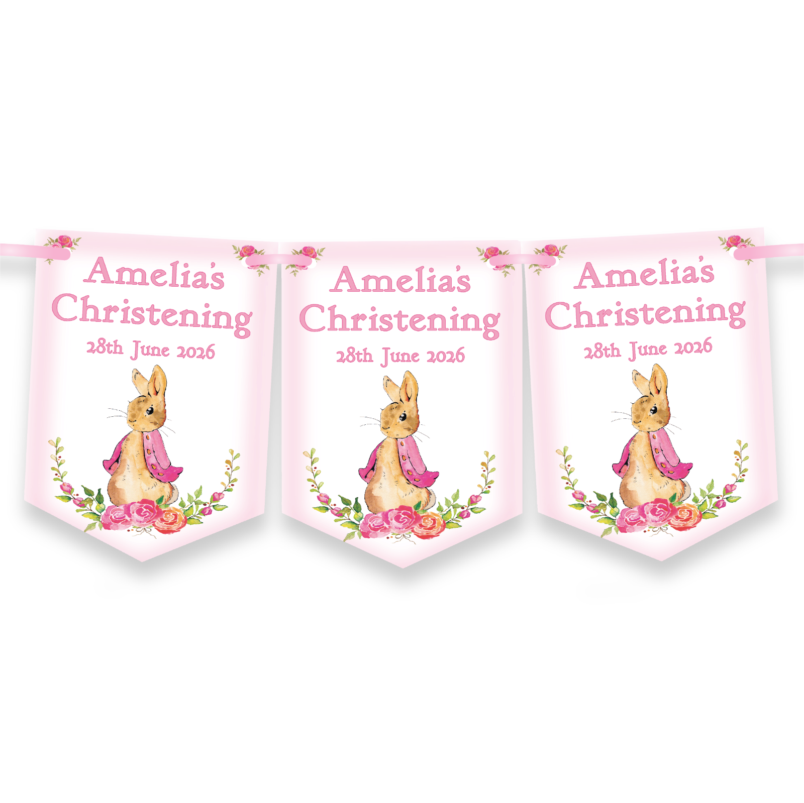 Personalised Pink Peter Rabbit Christening Bunting for Girl,Christening Banner
