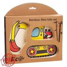 Bamboo Toddler Plate Set Baby Spoon Fork Excavator/Bulldozer 3pc Dinnerware