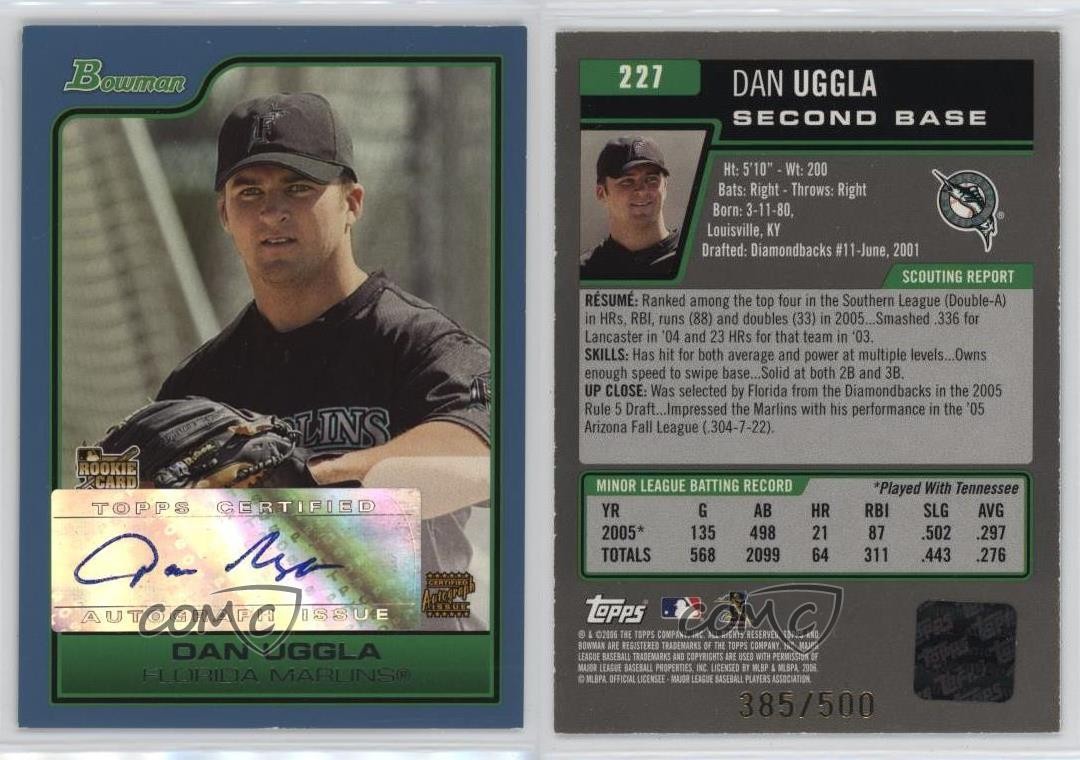 2006 Bowman Rookie Auto Blue 385/500 Dan Uggla #227 Rookie Auto RC 11to