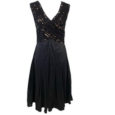 Adrianna Papell Black Lace Cocktail Dress Midi Pleated Taffeta Skirt Sz 10