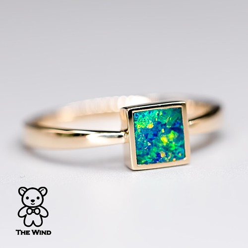 Quadratischer australischer Doublet Opal Ring 14K Gelbgold minimalistisches Band - Bild 2 von 9