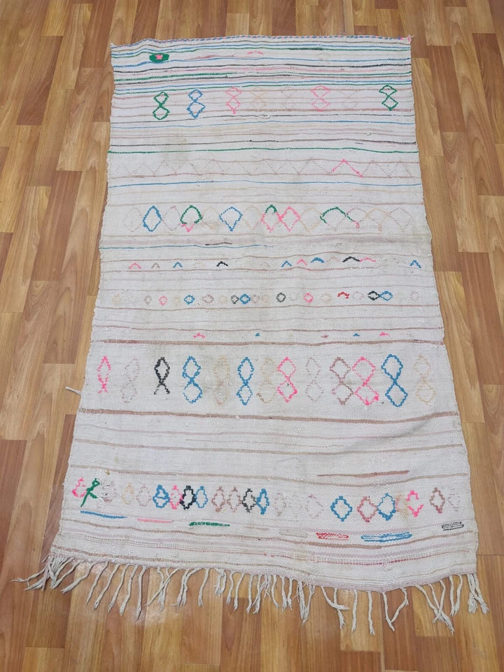 Alfombra Kilim marroquí vintage corredor blanco rosa azul lana geométrica Foto 2 de 4